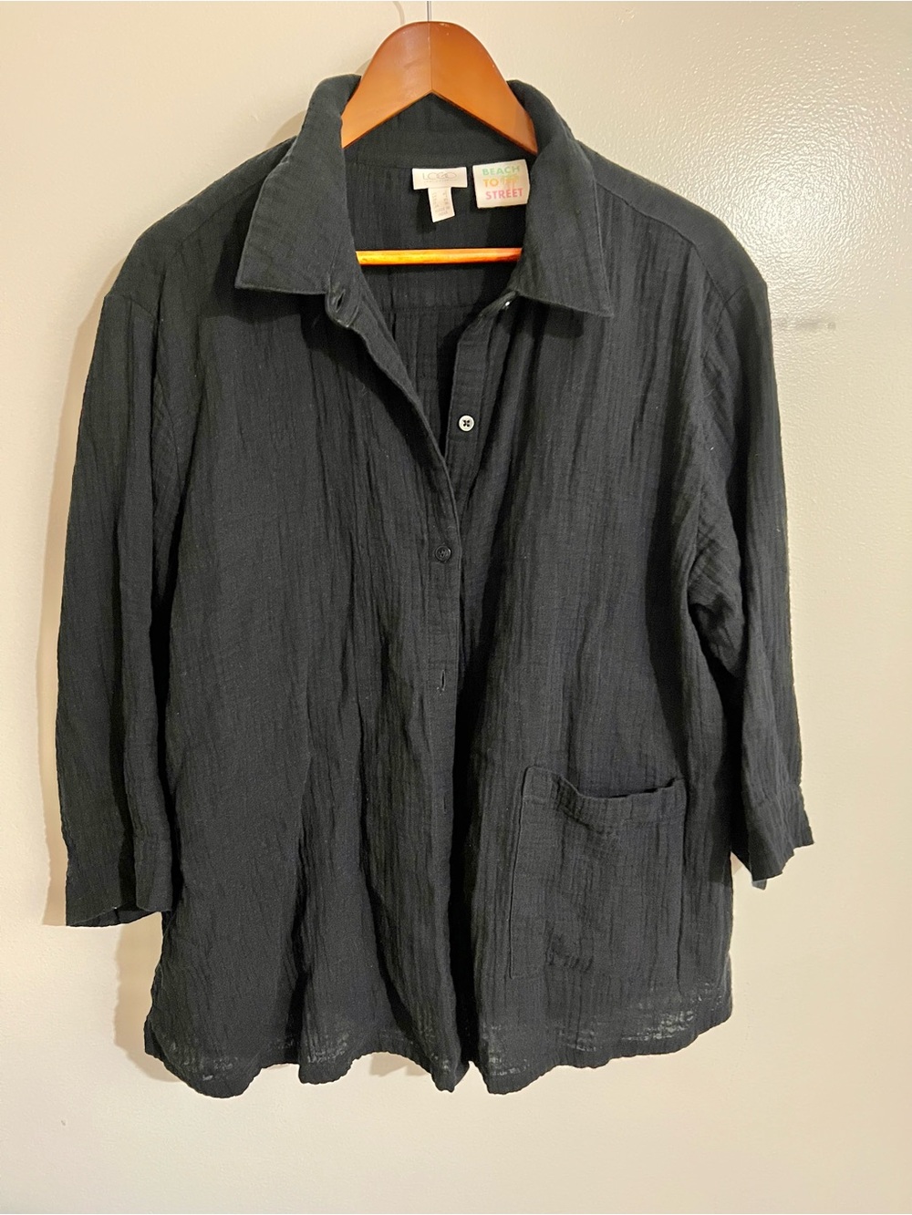 LOGO by Lori Goldstein Women Large Black Beach to Street Cotton Gauze Shirt